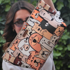 Renkli, eğlenceli, animasyon köpek temalı mikro fiber kumaştan clutch çanta, portföy çanta, el yapımı çanta