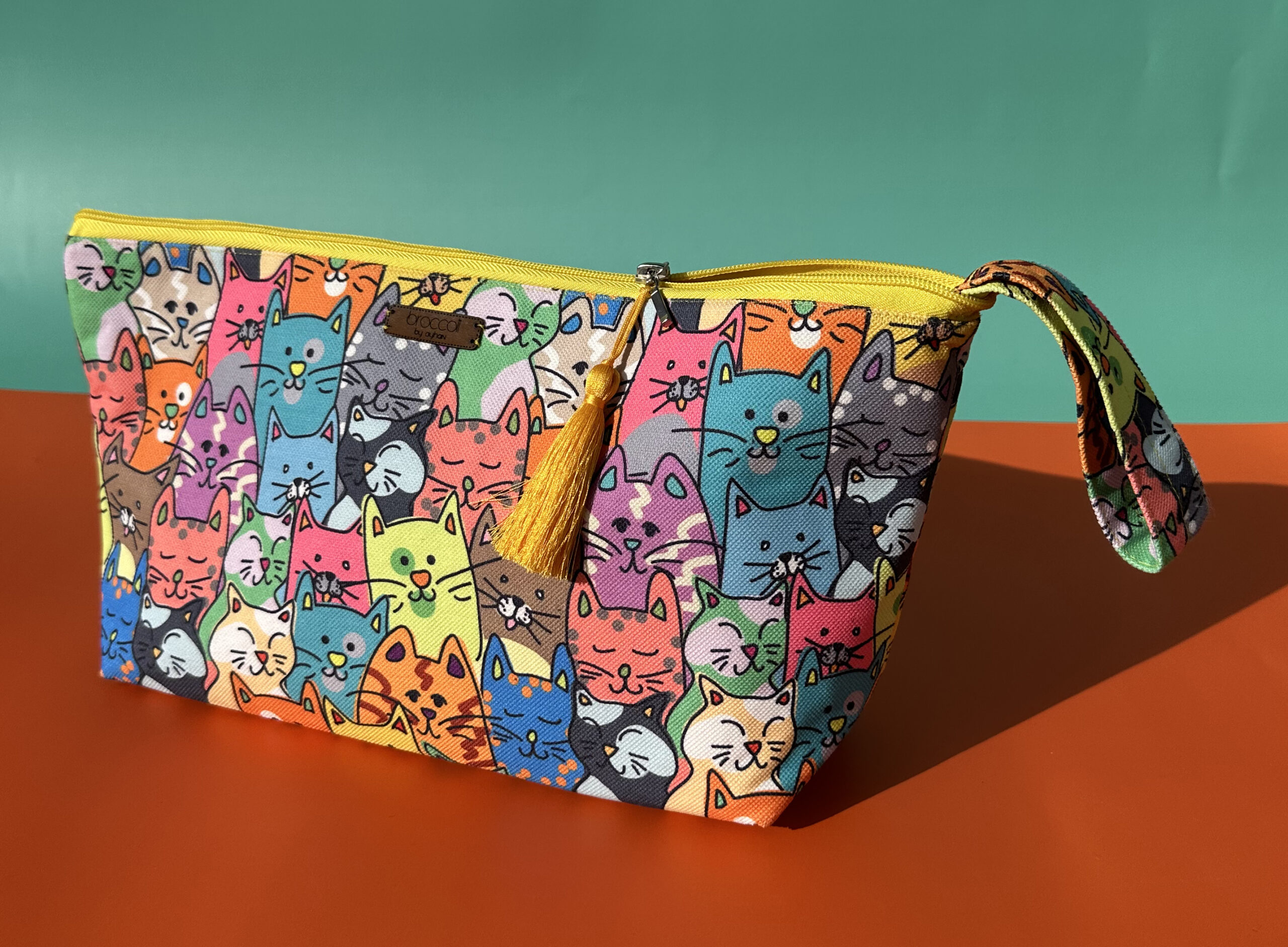 El yapımı kedi desenli mikrofiber kumaştan clutch portföy el çantası