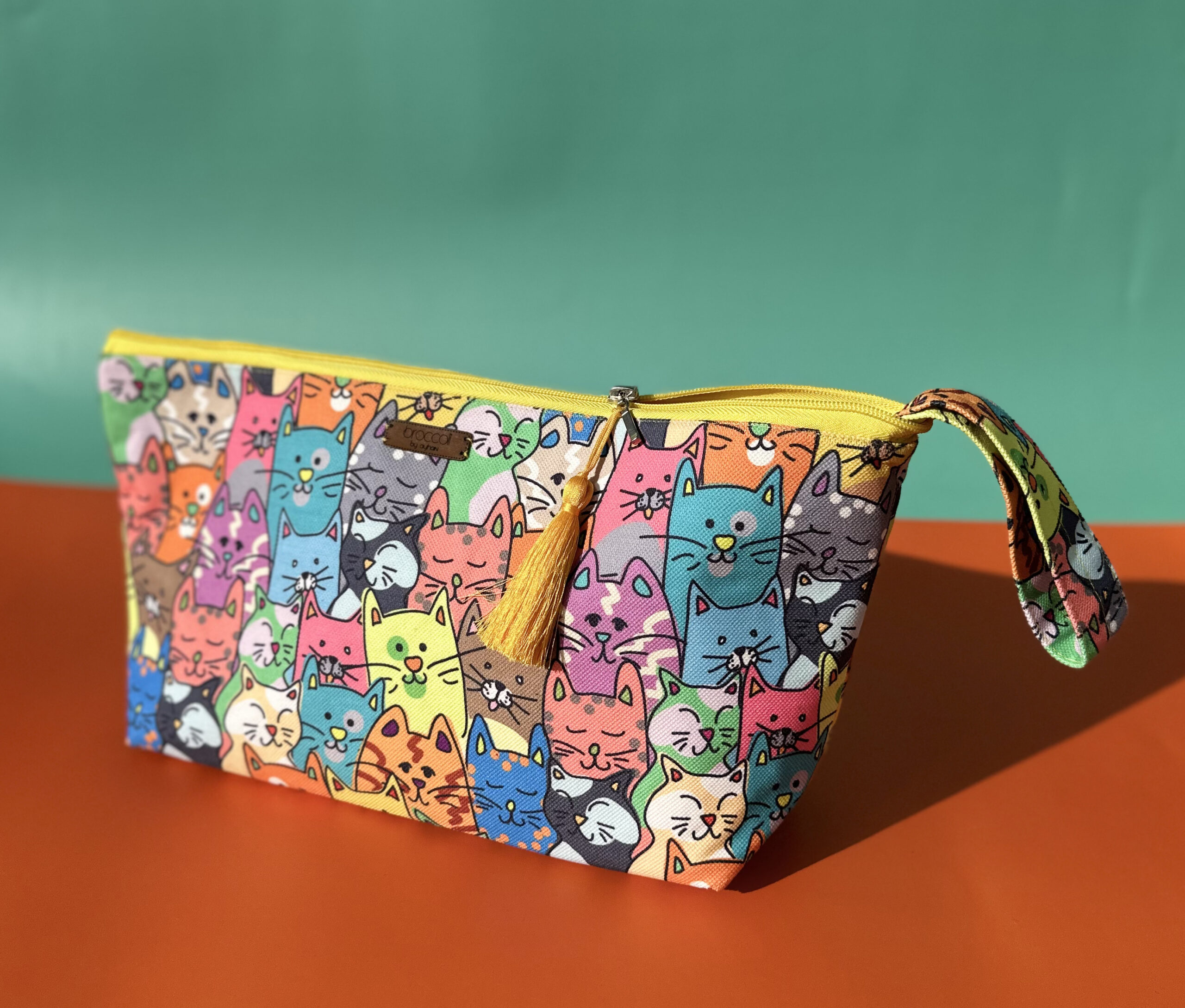 El yapımı kedi desenli mikrofiber kumaştan clutch portföy el çantası